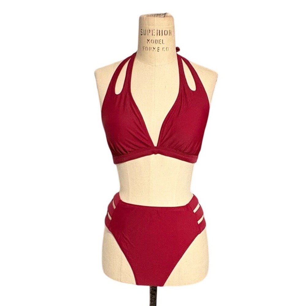 Red Cutout Bikini Set High Waisted Strappy Swimwear Halter‎ Top Swimsuit Women S